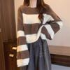 Striped Knit Sweater with Lantern Sleeves for Women Warm Sweater Fashionable Short Top