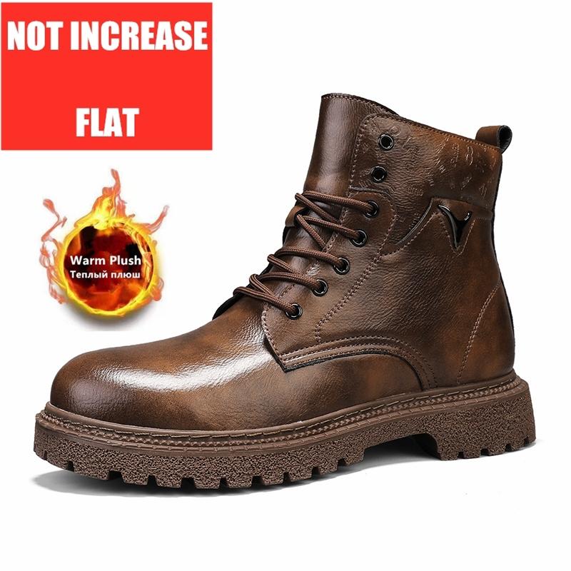 Botas Masculinas Aumentadoras de Altura Invisíveis de 6cm Couro Outdoor Outono Inverno Sapatos Quentes Antiderrapantes Confortáveis Botas de Cano Curto com Salto Interno