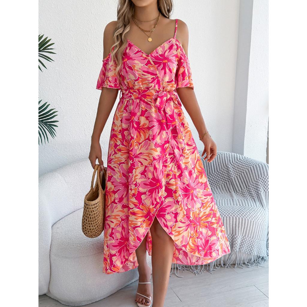 2025 New Fashion Trend Spring Summer Off-the-shoulder Crossover V-Neck Flower Suspendron Maxi Dress Resort Dress Women's