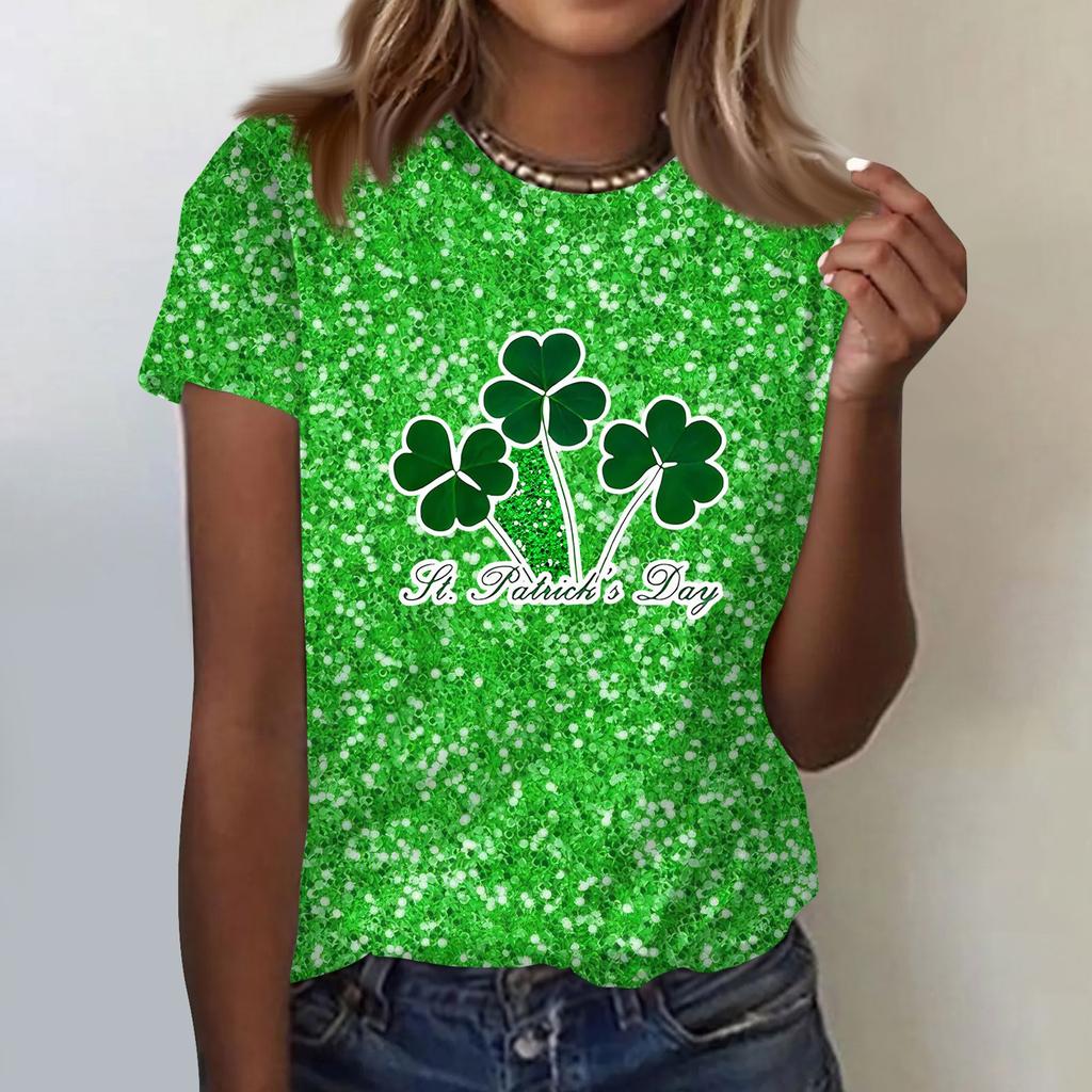 Women's  Casual Short Sleeve Shirts Fashion St Patrick's Print Tunic Tops With Pockets