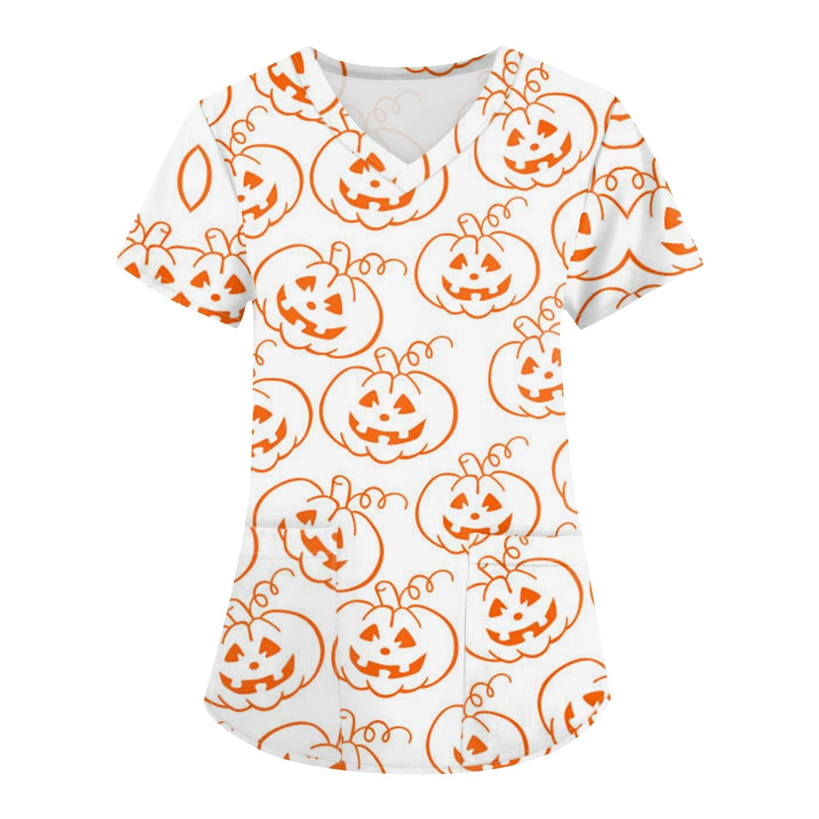 

Плюс размер Печатный скраб Рабочая форма Топы для женщин Крест V-образным вырезом Хэллоуин Принт с короткими рукавами Забавные футболки Спецодежда Футболка с карманами XXXXXL белый