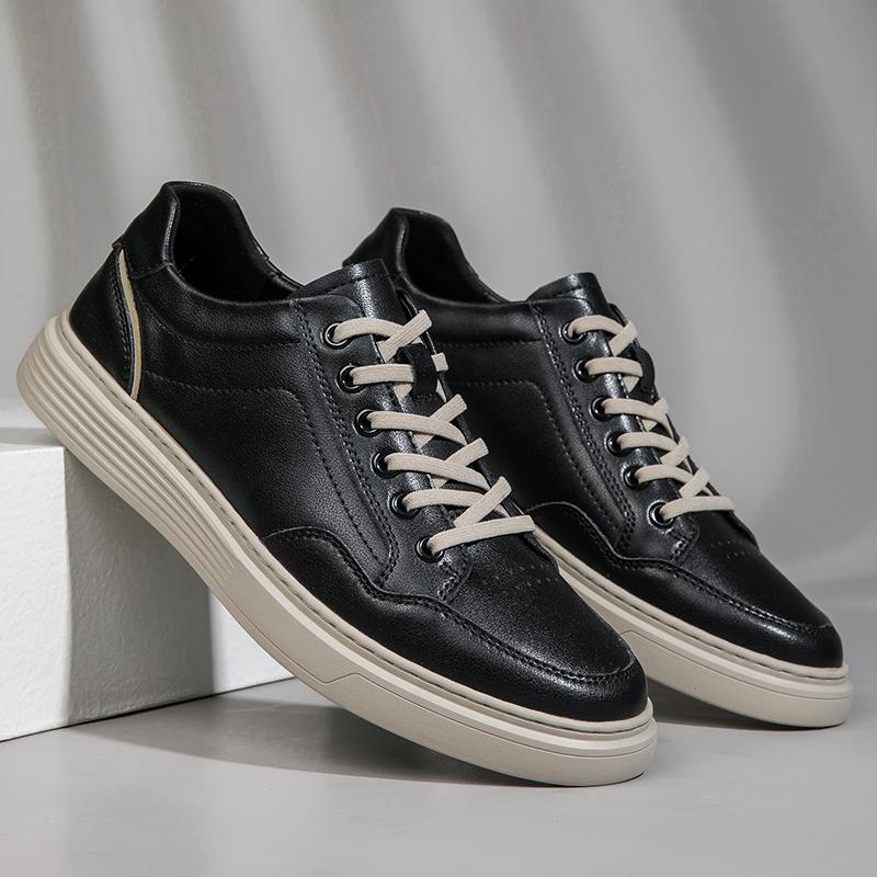 Fashion New Genuine Leather Casual Shoes For Men Basic Comfy Walking Sneakers Soft Comfy Lace-up Breathable Solid Skateboard Men's Shoes