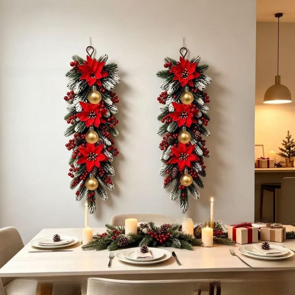 4pcs Simulated Snow Falling Artificial Pine Branch Wall Mounted Poinsettia Flower Home Party