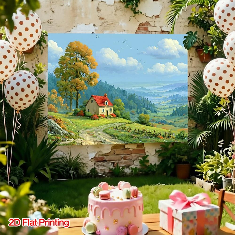 2D flat design 1-piece set autumn countryside cottage background suitable for home studio decoration and balcony arrangement