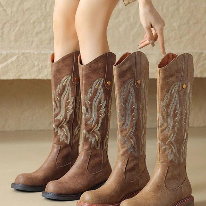 Fashion Women's Shoes Embroidered Western Cowboy Boots Autumn Pointed Toe Thick Heel High Knee Boots Woman Loose PU Leather Botas Mujer