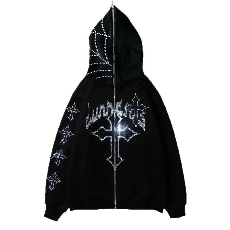 Oversized Hooded Sweatshirt With Rhinestone Cross Design Unisex Streetwear Long Sleeve Pullover