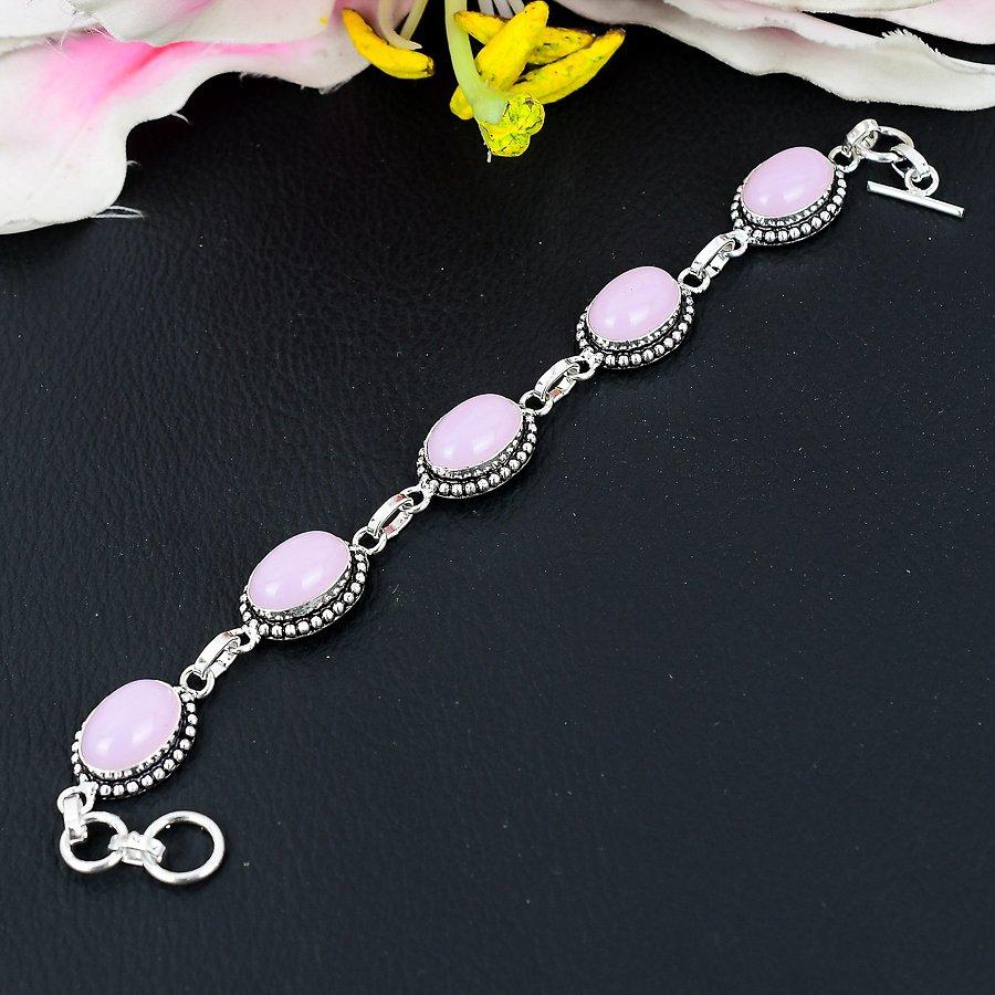 Pink Chalcedony Gemstone Handmade 925 Sterling Silver Bracelet 7-8" KG-202