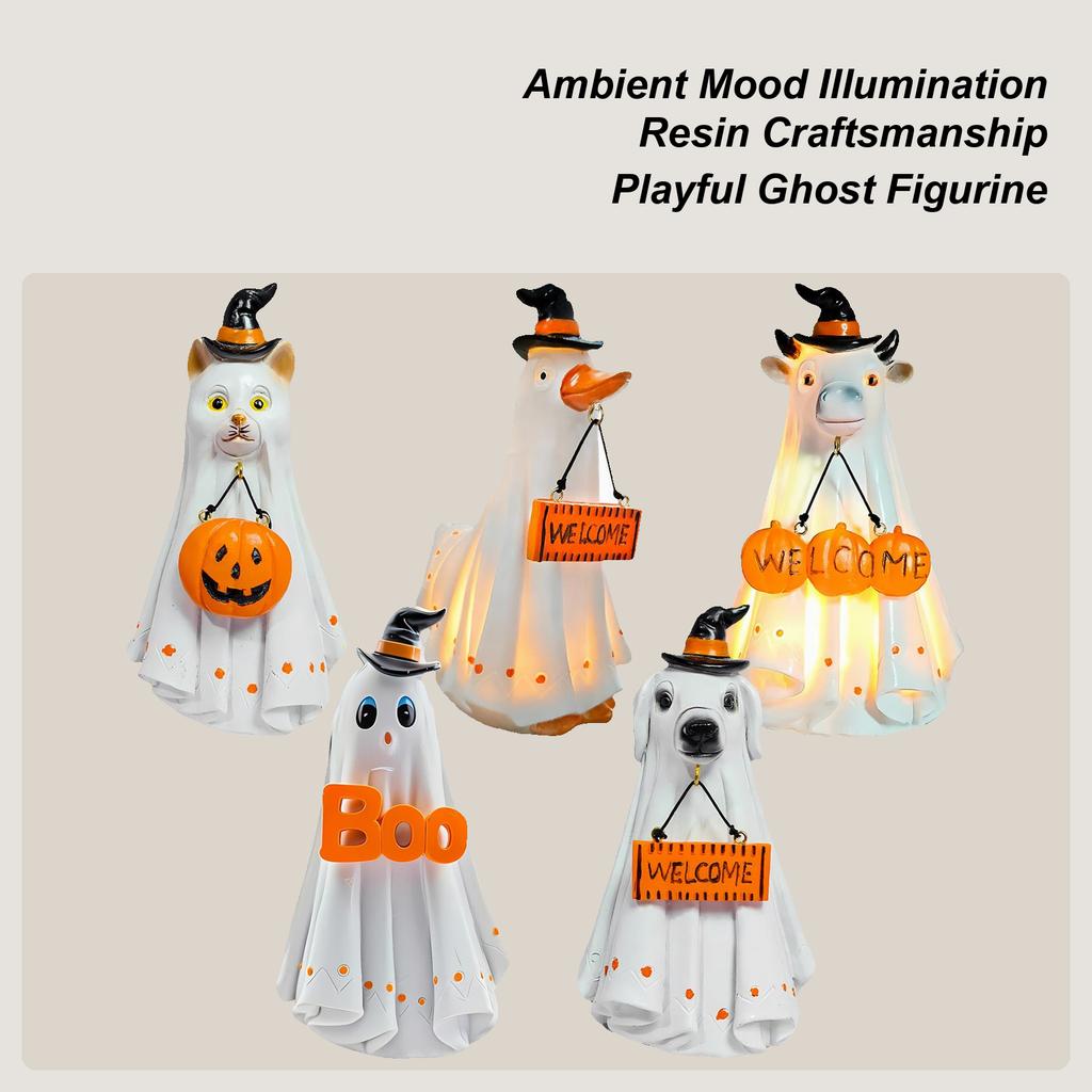 Halloween Ghost Decoration LED Ghost Dog Duck Cat Cow Ornament Halloween Resin Animal Decor Atmosphere Light Party Crafts