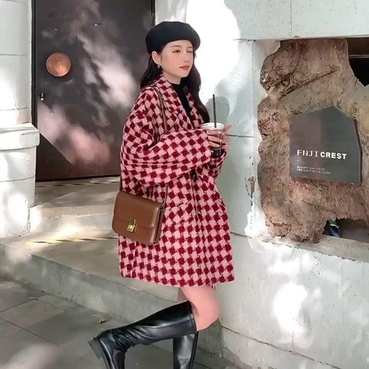 Παλτό Γυναικείο Φθινοπωρινό και Χειμερινό Χαλαρό Καθημερινό Μάλλινο Παλτό με Επένδυση Στυλ Βρετανικό Ρετρό Κόκκινο Καρό Κοστούμι Μάλλινο Μπουφάν