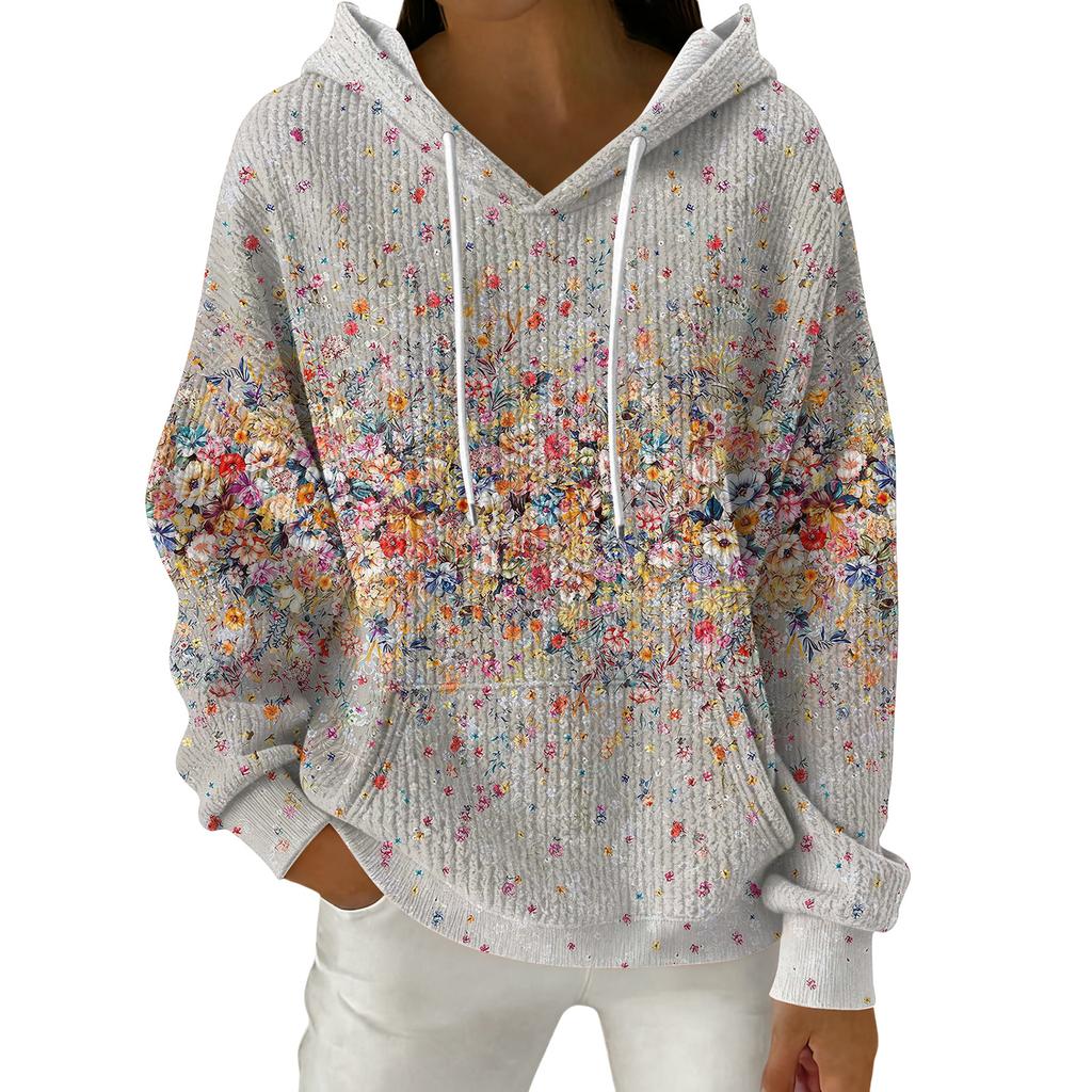 Women's Fashion Casual Floral Print Pullover Long-Sleeve Hooded Sweatshirt
