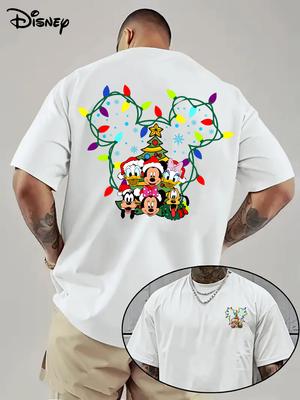 Camiseta Navideña de Dibujos Animados de Mickey Mouse de Disney para Hombre, Moda con Letras y Diseño de Dibujos Animados, Camiseta Casual Transpirable y Ligera de Manga Corta
