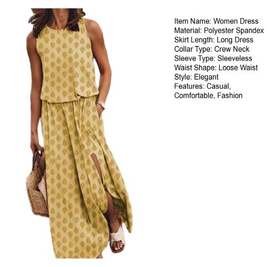 Damen Ärmelloses Maxi Kleid Lässig Rundhals Elastische Taille Schlitz Langes Kleid