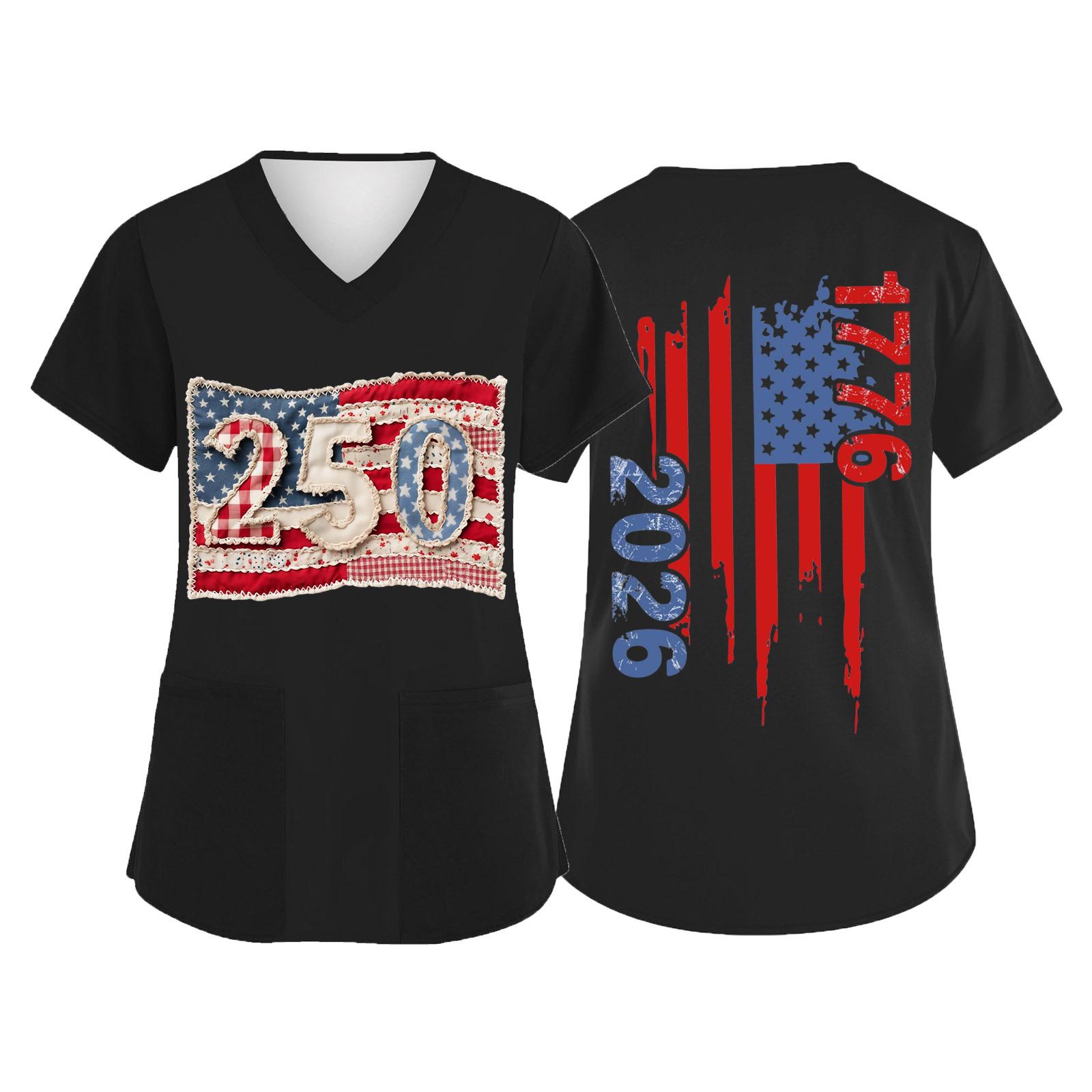 

Women V Neck Short Sleeve Top with Pockets Printed Graphic Scrub Shirt for Healthcare Staff Uniform 250th Anniversary Design L чёрный
