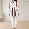 Women Plus Size Red White Blue Printed Half Zip Long Sleeve Long Top Fitted Pants Two Piece Set