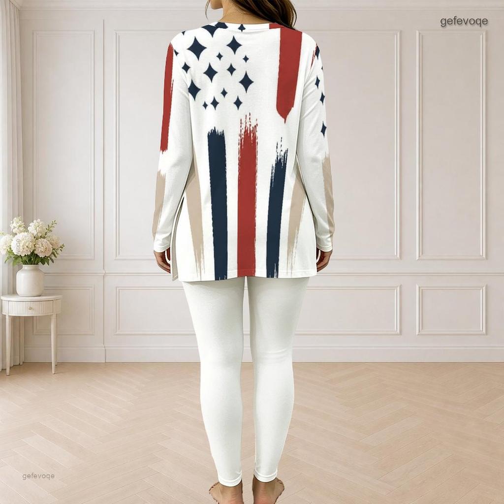 Women Plus Size Red White Blue Printed Half Zip Long Sleeve Long Top Fitted Pants Two Piece Set