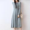 Women's Slim Fit Waist-Cinching Over-the-Knee Knitted Wool Dress - Autumn/Winter Base Layer, Round Neck, New Style