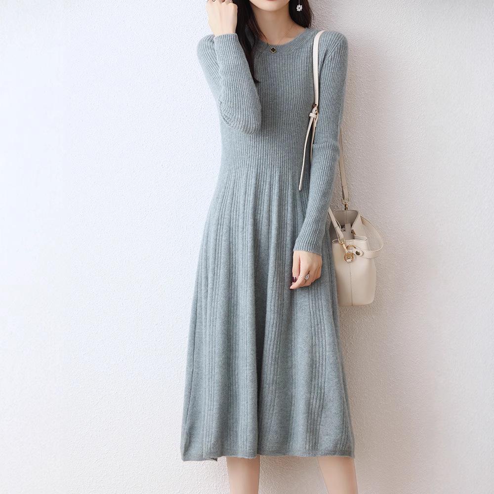 Women's Slim Fit Waist-Cinching Over-the-Knee Knitted Wool Dress - Autumn/Winter Base Layer, Round Neck, New Style