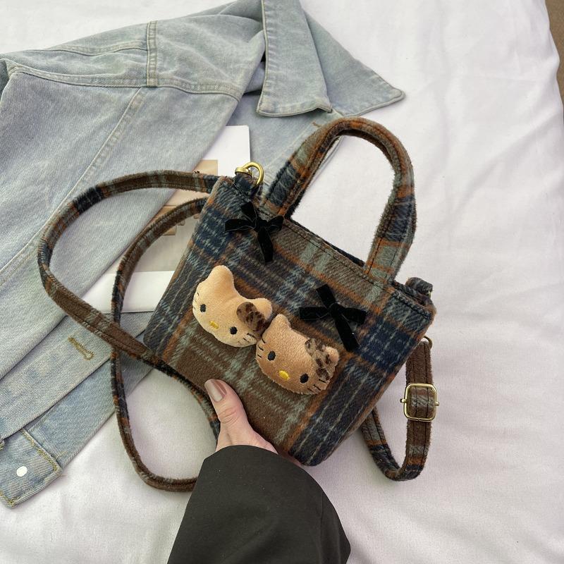 Mode Retro Karomuster Handtasche personalisierte Kontrastfarbe Bucket Bag niedlicher Cartoon-Stil Nische Messenger Schultertasche