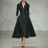 Women's Elegant V-Neck Satin Long Sleeve Dress with Waist Tie for Fall Winter