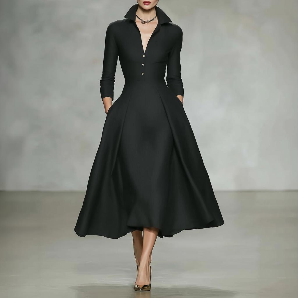 Women's Elegant V-Neck Satin Long Sleeve Dress with Waist Tie for Fall Winter