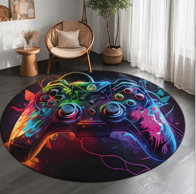 Colorful Cartoon Style Circular Carpet with Game Controller Patterns Suitable for Holiday Themed Carpets