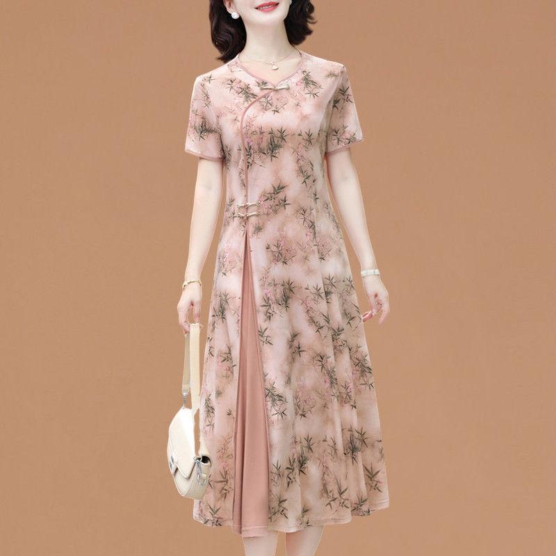 2025 Elegant Printed Short-Sleeved Qipao Dress for Middle-Aged and Elderly Women - Summer Wear