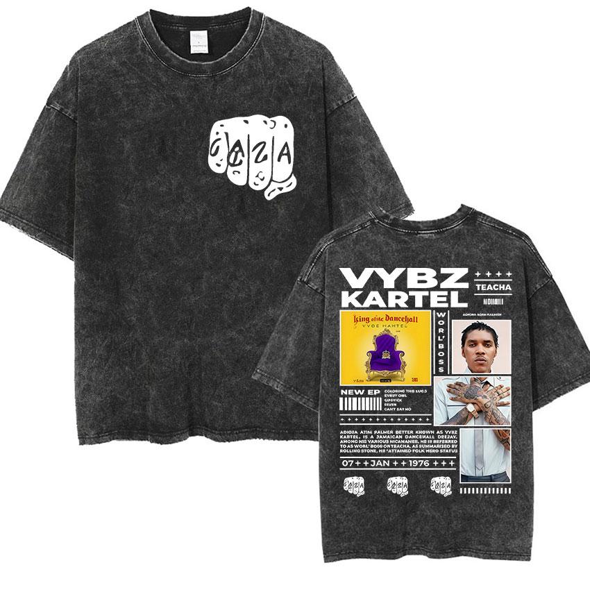 Rapper Vybz Kartel Tour Album T Shirts Mens Fashion High Quality Cotton Tshirt Vintage Washed Short Sleeve Tees Streetwear