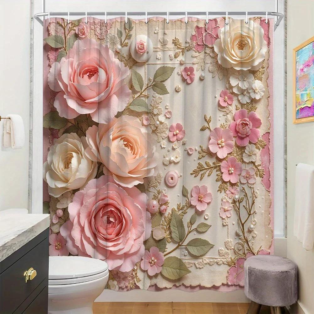 1Pc Vintage Floral Shower Curtain, Polyester Woven Fabric With Pink And Beige Roses Lace Design, Romantic Bathroom Decor, Was