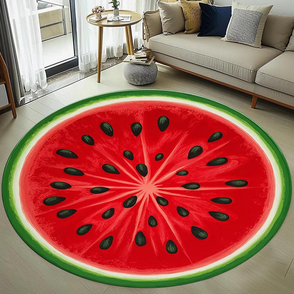 Watermelon Print Round Area Rug for Kids Bedroom Anti Slip Washable Flannel Carpet for Home Living Room Round Floor Mat
