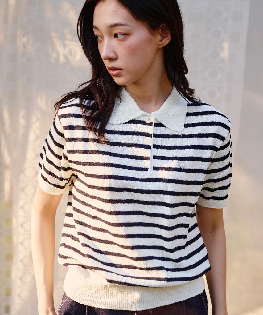 KNITTED (W) Boucle Stripe Collar Knit Ivory