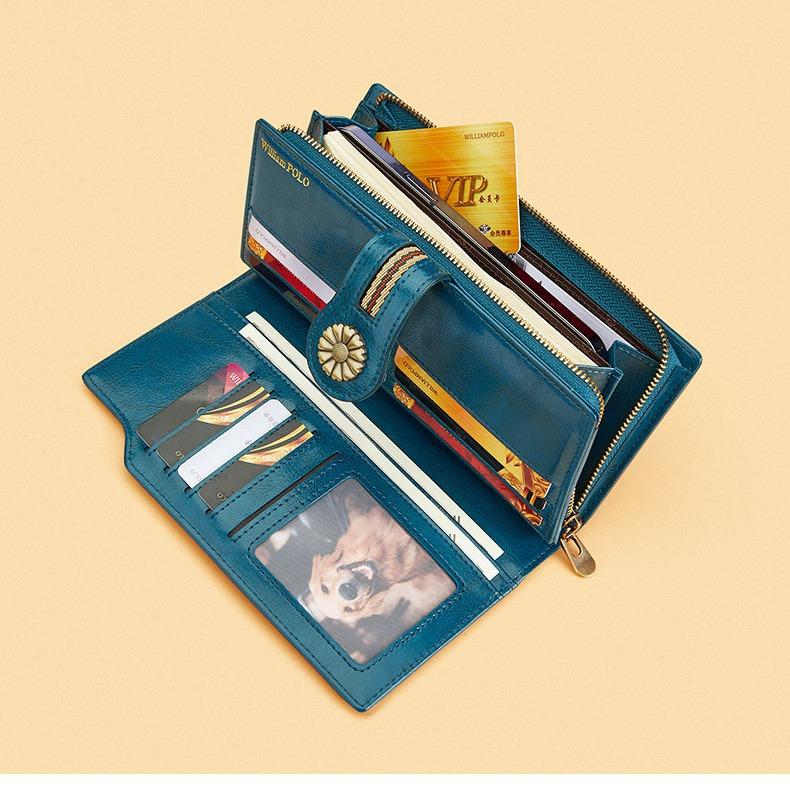 Women's High-end Genuine Leather Wallet Long Cowhide Wallet Anti-theft Brush Retro Wallet