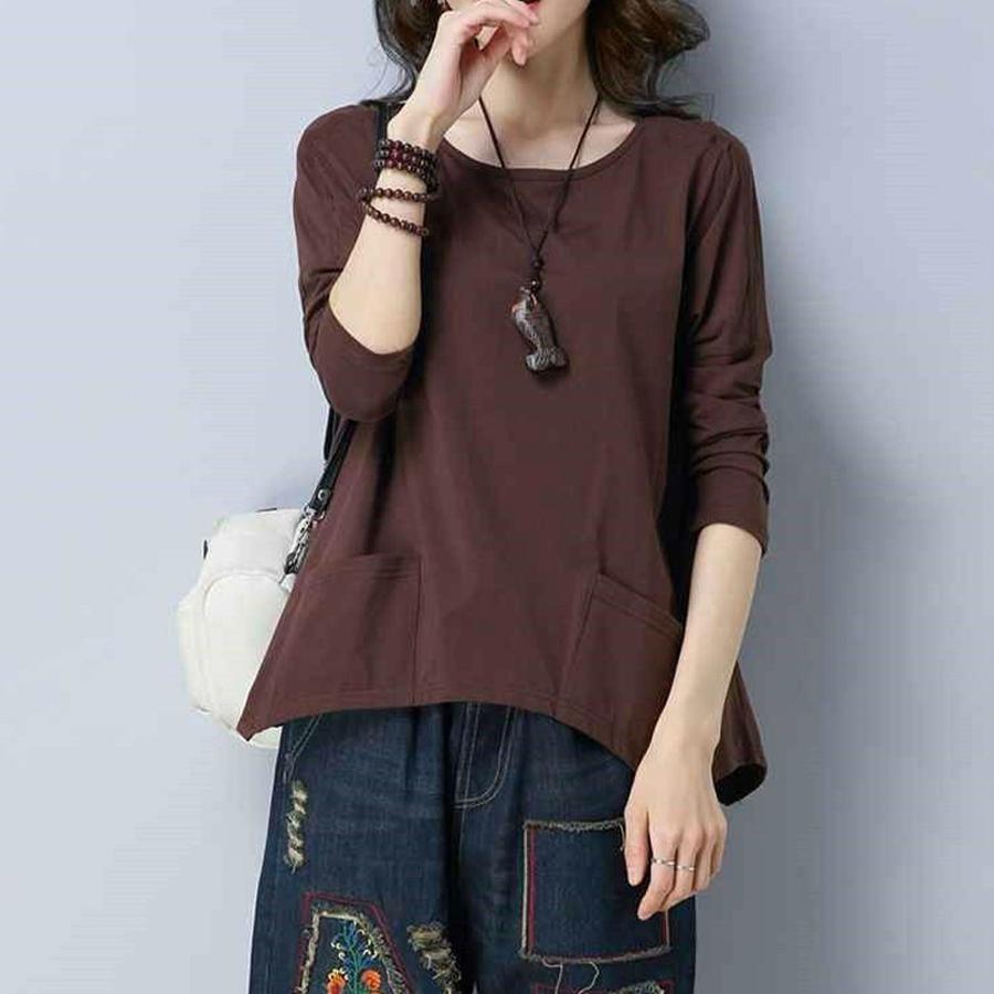 Solid Color Oversized Women's Clothing Design Pocket Long Sleeve T-Shirt for Women Autumn New Loose Retro Simple Top