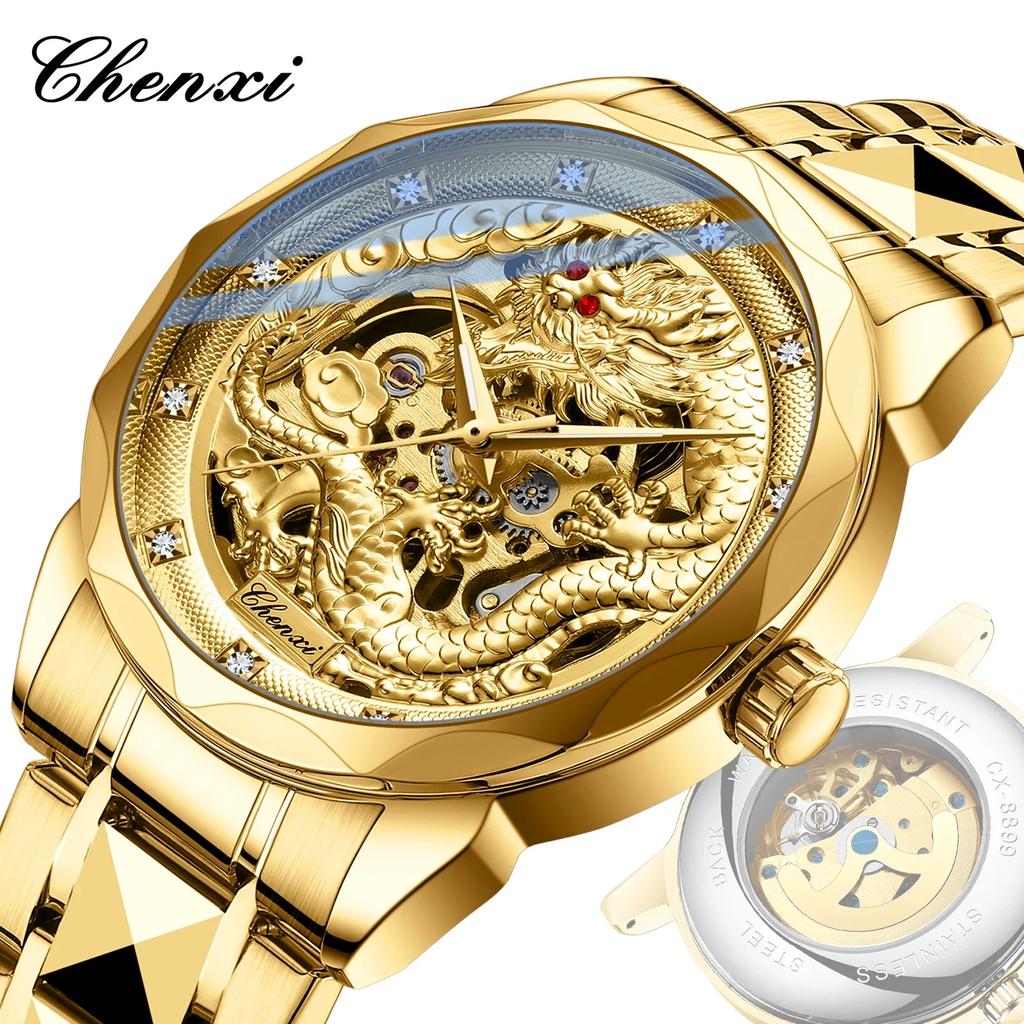 Gold 3D Dragon Dial Watches for Men Luxury Automatic Mechanical Watch Stainless Steel Strap Hollow-carved Wristwatches
