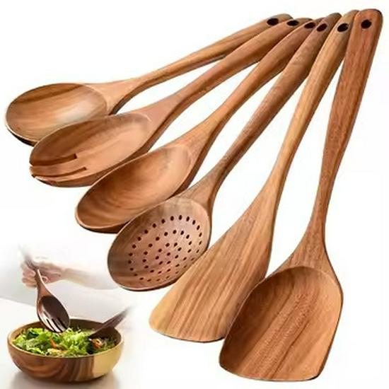 Teak Non-Stick Long-Handle Solid Wood Pan and Acacia Wood Kitchenware Set