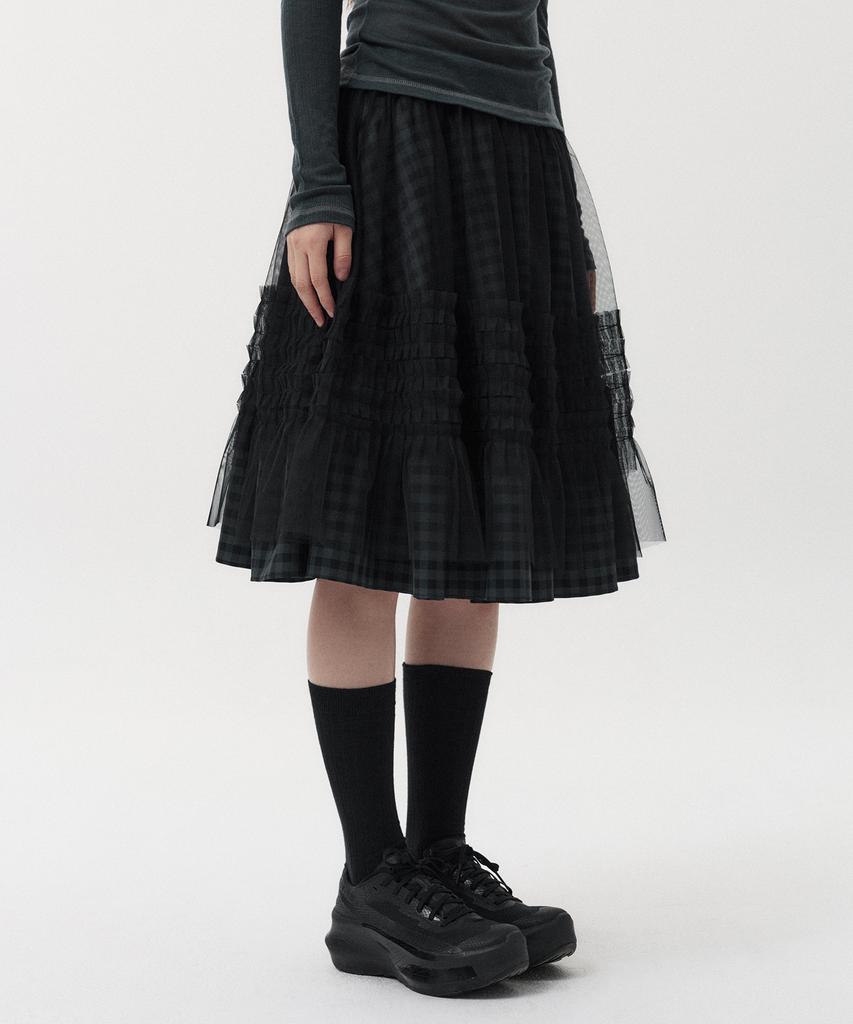 Ohesio Layered Sheer Frill Skirt, Khaki Check