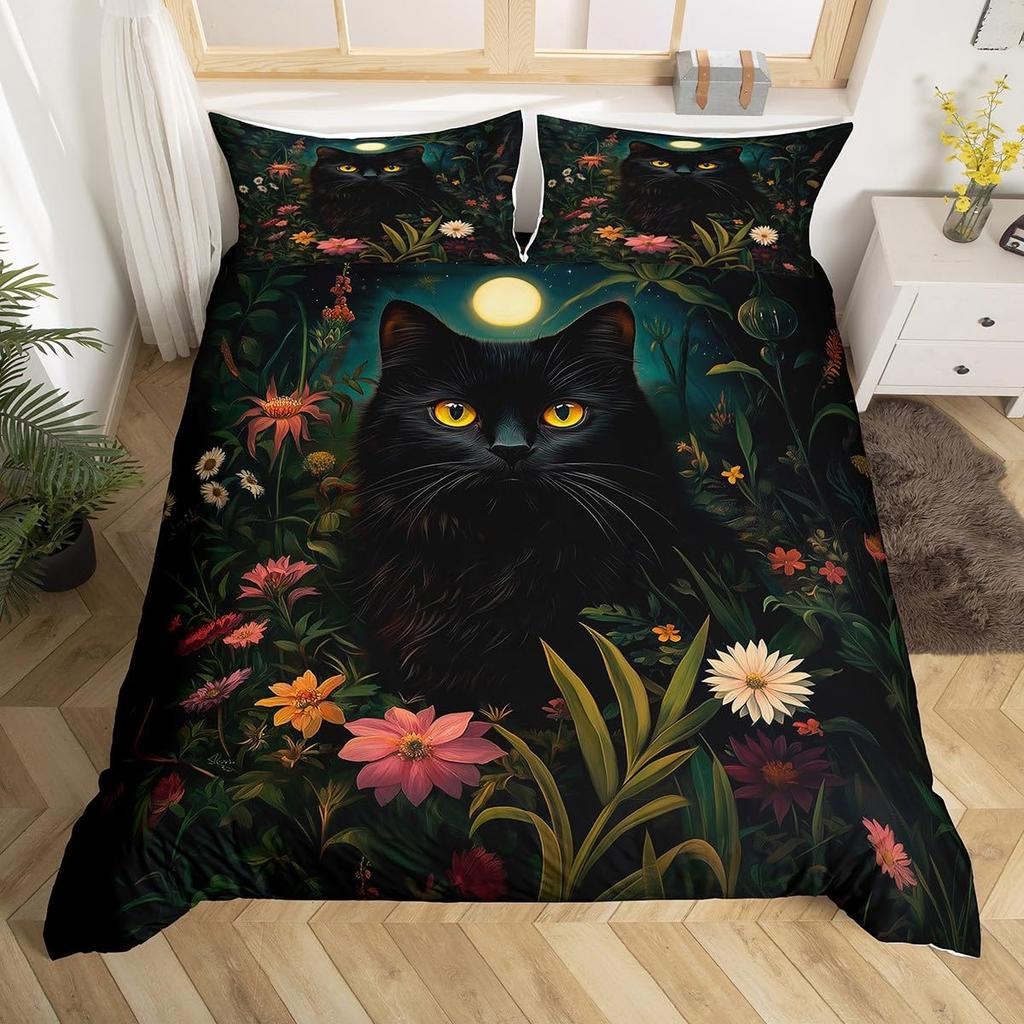 Cartoon Black Cat Duvet Cover Set Queen Size Cute Kawaii Kids Girls Comforter Cover Set Animals Quilt Covers With 2 Pillowcases