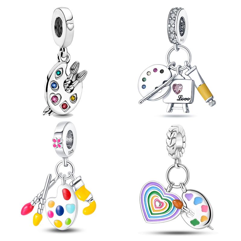 925 Silver Mode Palett Pensel Konst Berlocker Pärlor Passar för Originalarmband DIY Fint Smycke Gåva