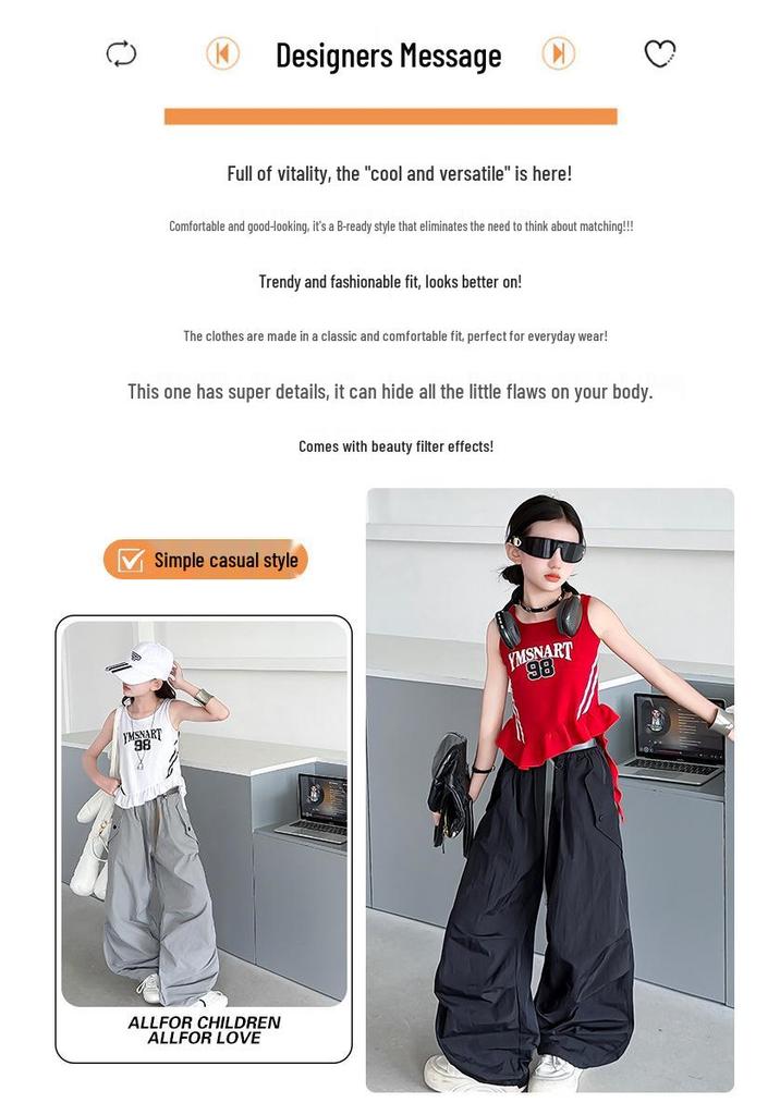 Zweiteiler im koreanischen Streetdance-Stil für Mädchen: Gestreifte ärmellose schnelltrocknende Weste & Hose mit weitem Bein.
