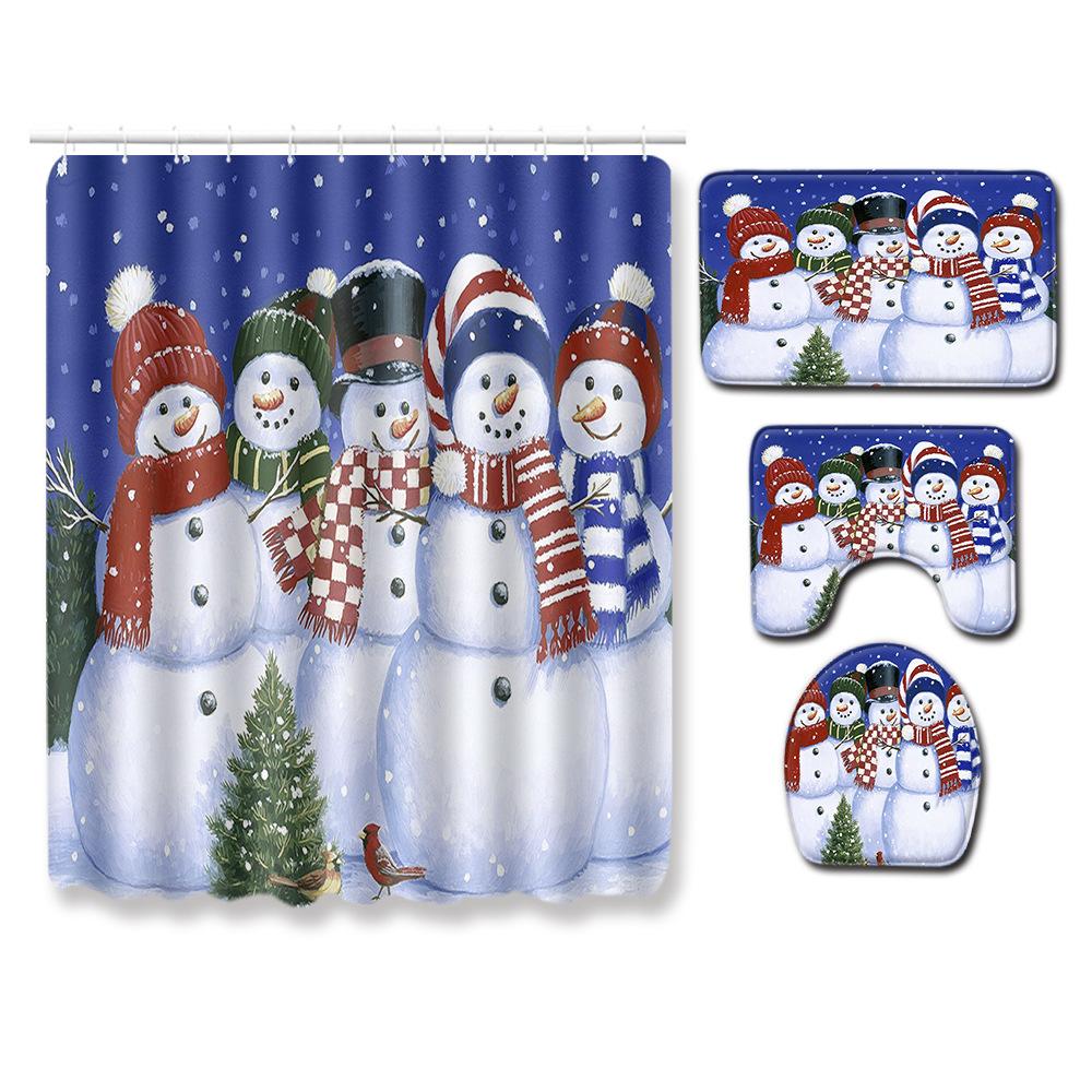 Christmas Shower Curtain Floor Mat Combination Four-Piece Set Bathroom Toilet Carpet Shower Room Mat Foot Mat