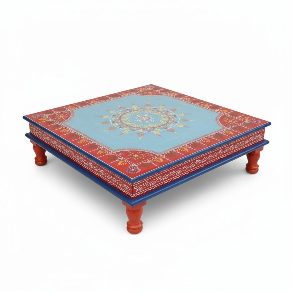 Wooden Chowki | Traditional Indian Bajot Table | Pooja Chowki for Home Decor & Festivals | Colorful God Stand Design, Hand Painted Mandap