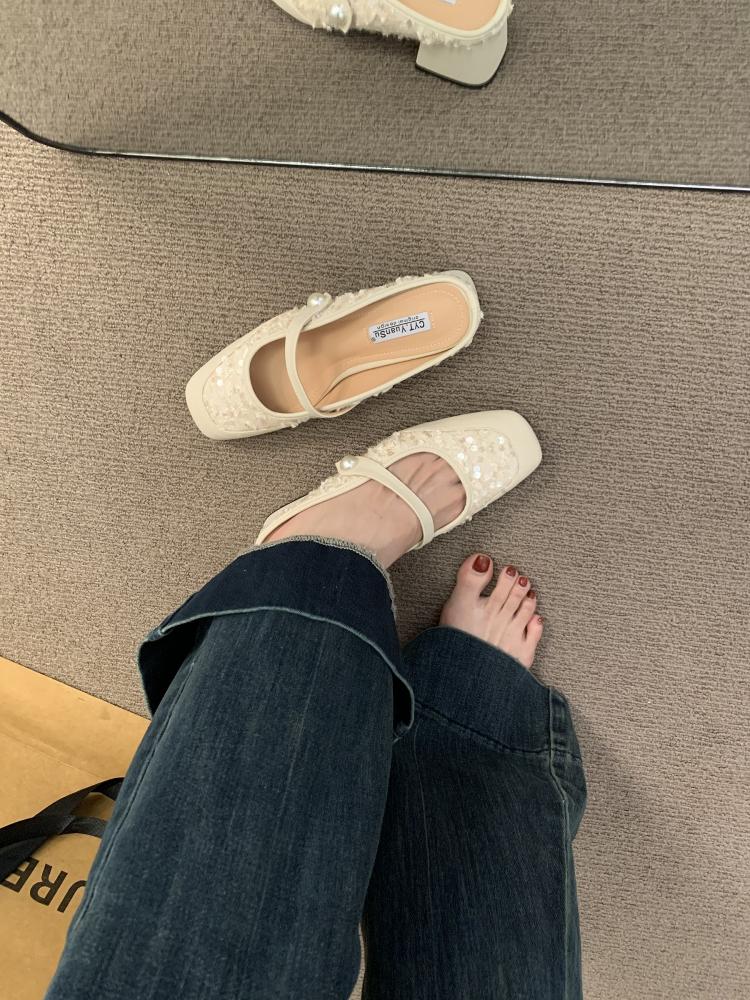 Fashion Square Toe Shoes Woman's Slippers String Bead Slides Block 2025 Cover Bling Scandals Mary Janes Square heel Cover Toe String Bea