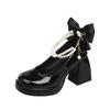 Autumn New Thick Heel Single Shoes Women's Round Head Shallow Mouth Butterfly Knot Beaded Platform High Heels