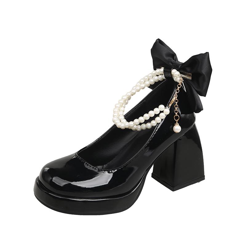 Autumn New Thick Heel Single Shoes Women's Round Head Shallow Mouth Butterfly Knot Beaded Platform High Heels