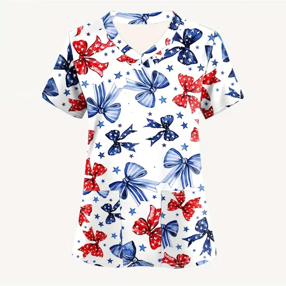 Scrubs Medical Uniforms Woman Fashion Floral Print Dental Nurse Tops V-Neck Short Sleeve Patch Pocket Tees Nurse Uniform Woman