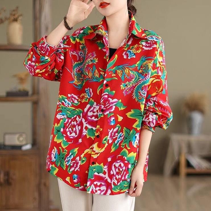 Women's Northeast Peony Floral Long-Sleeve Shirt Jacket - Ethnic Charm, Perfect for Spring/Fall Layering, Unique, Ideal As a Couple's Shirt.