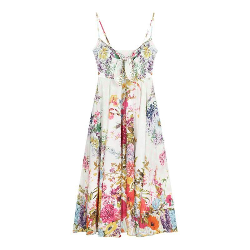Holiday Style Beautiful Art Color Floral Suspender Dress Summer High Waist Backless Pendulum Seaside Photo Dress