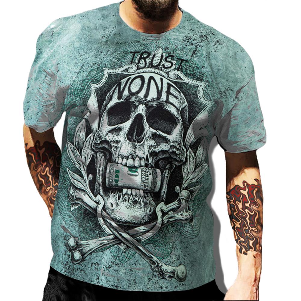 New Men's T-Shirts 3D Skull Printed Black Streetwear Short Sleeve Round-Neck Horror Halloween Man Tops Loose Fashion Gothic Tees
