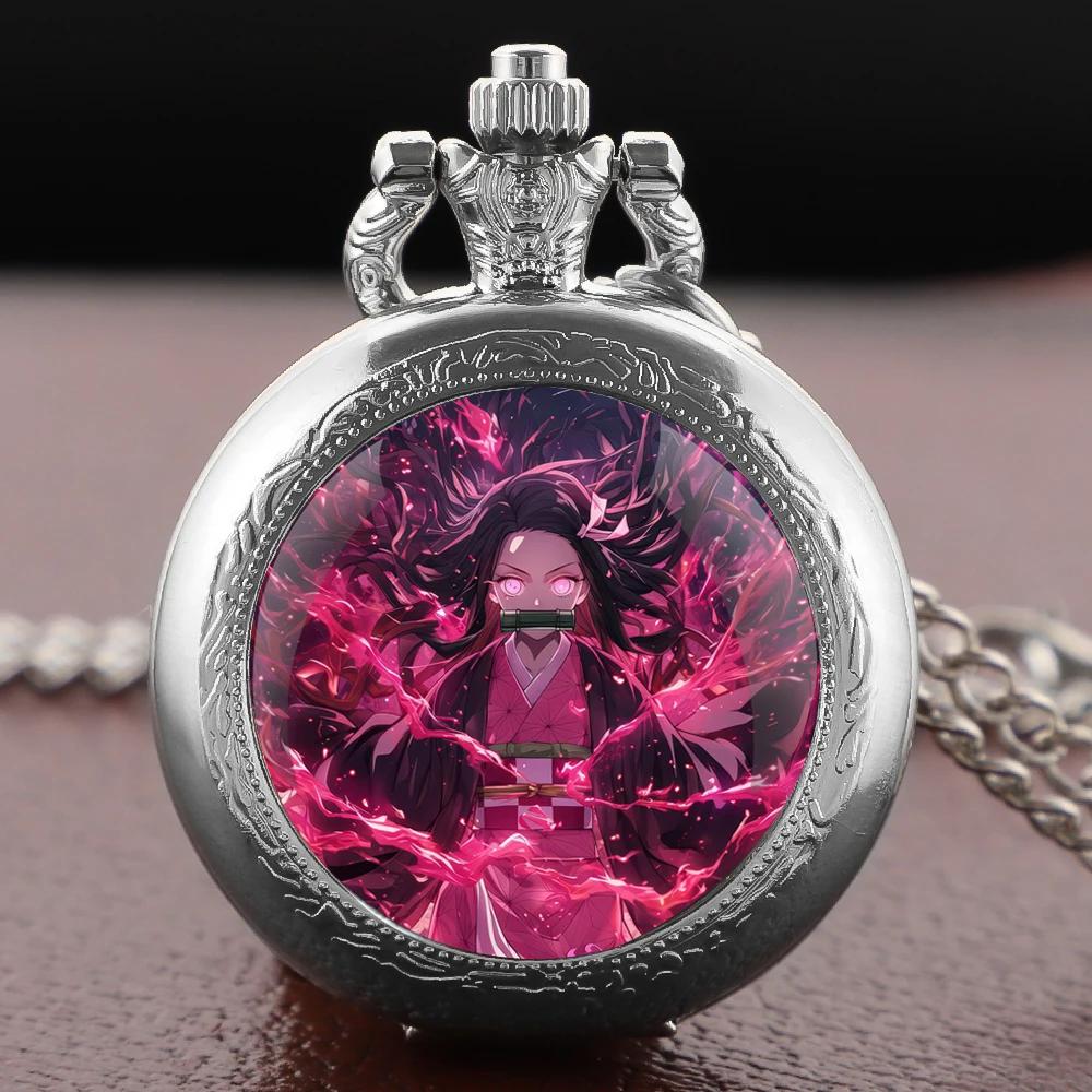 

10pcs/lot Wholesale Kamado Nezuko Quartz Pocket Watch Arabic Digital Necklace Pendant Clock Vintage Gifts for Men Women Relógio