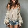 Women Long Sleeve Blouse Cold Shoulder Lace Trim Casual Shirt Bohemian Style Lightweight Top for Daily Wear