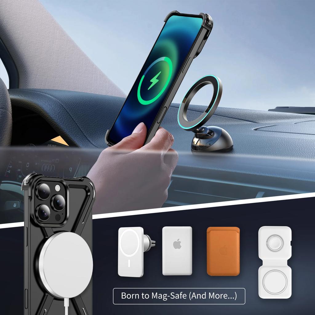Titanium Metal Alloy Magnetic Phone Case For iPhone 13 14 15 Plus 16 Pro Max 360° Rotation Holder Frameless Protective Cover